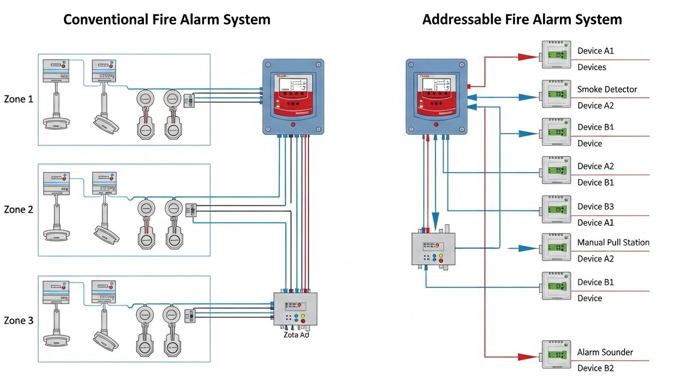 diferença entre sistema de alarme de incêndio convencional e endereçável