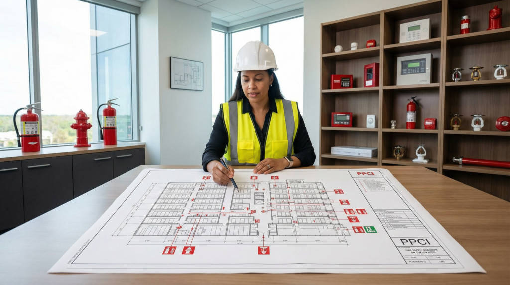 Engenheira de segurança analisando projeto de prevenção e combate a incêndio PPCI