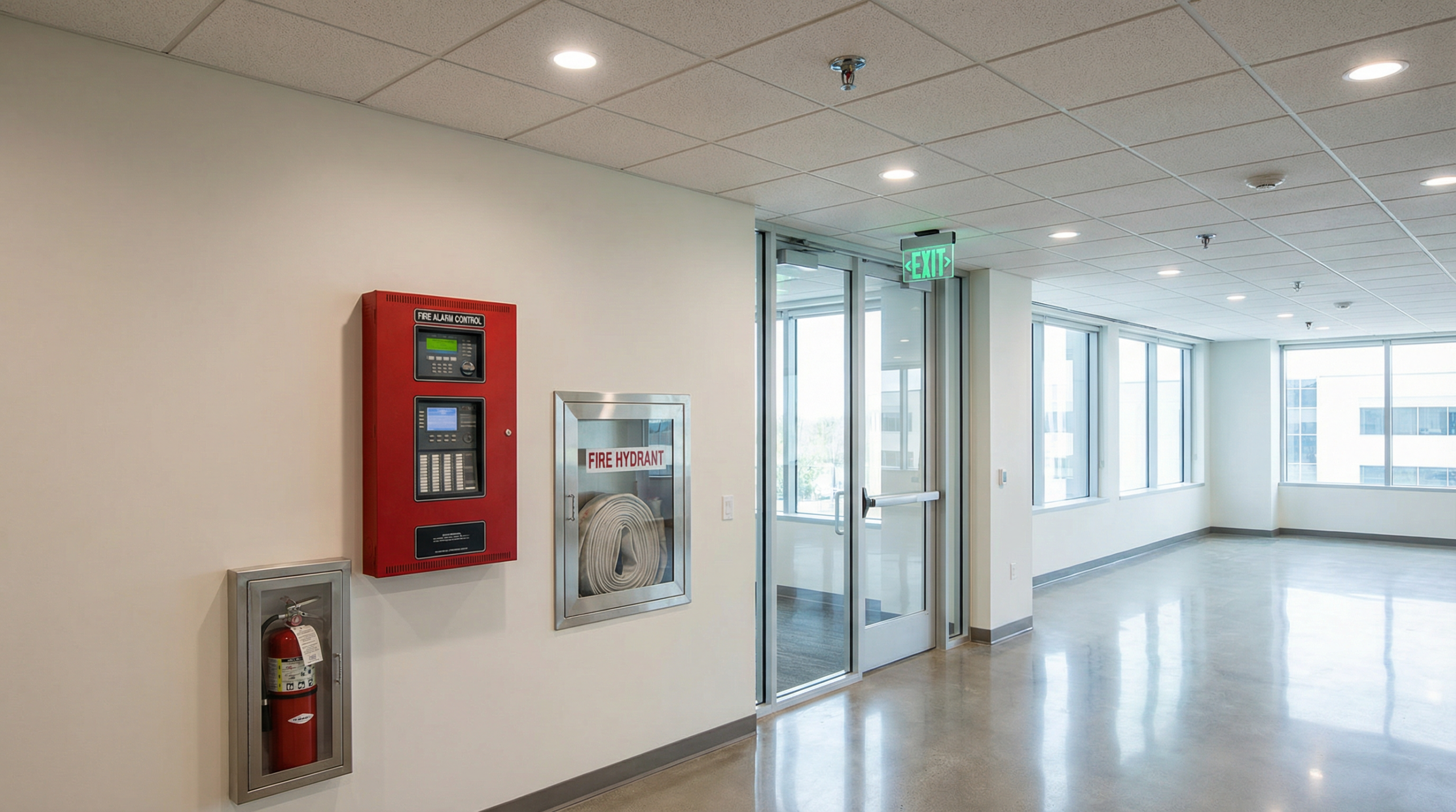 Sistemas de segurança contra incêndio instalados em edifício comercial