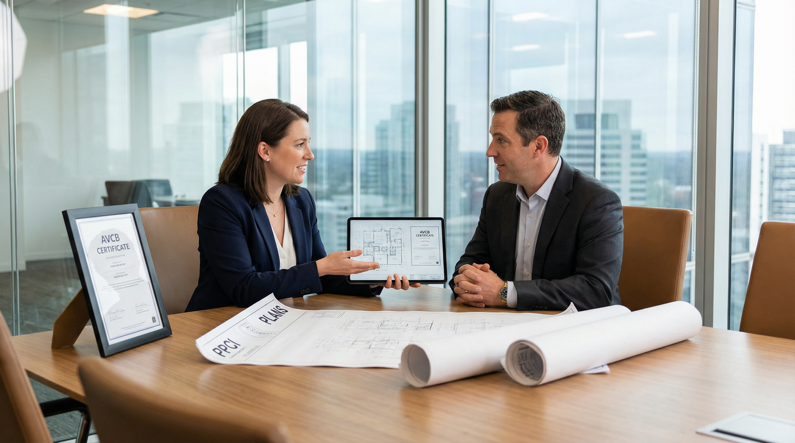 Consultora apresentando projeto PPCI e certificado AVCB para cliente