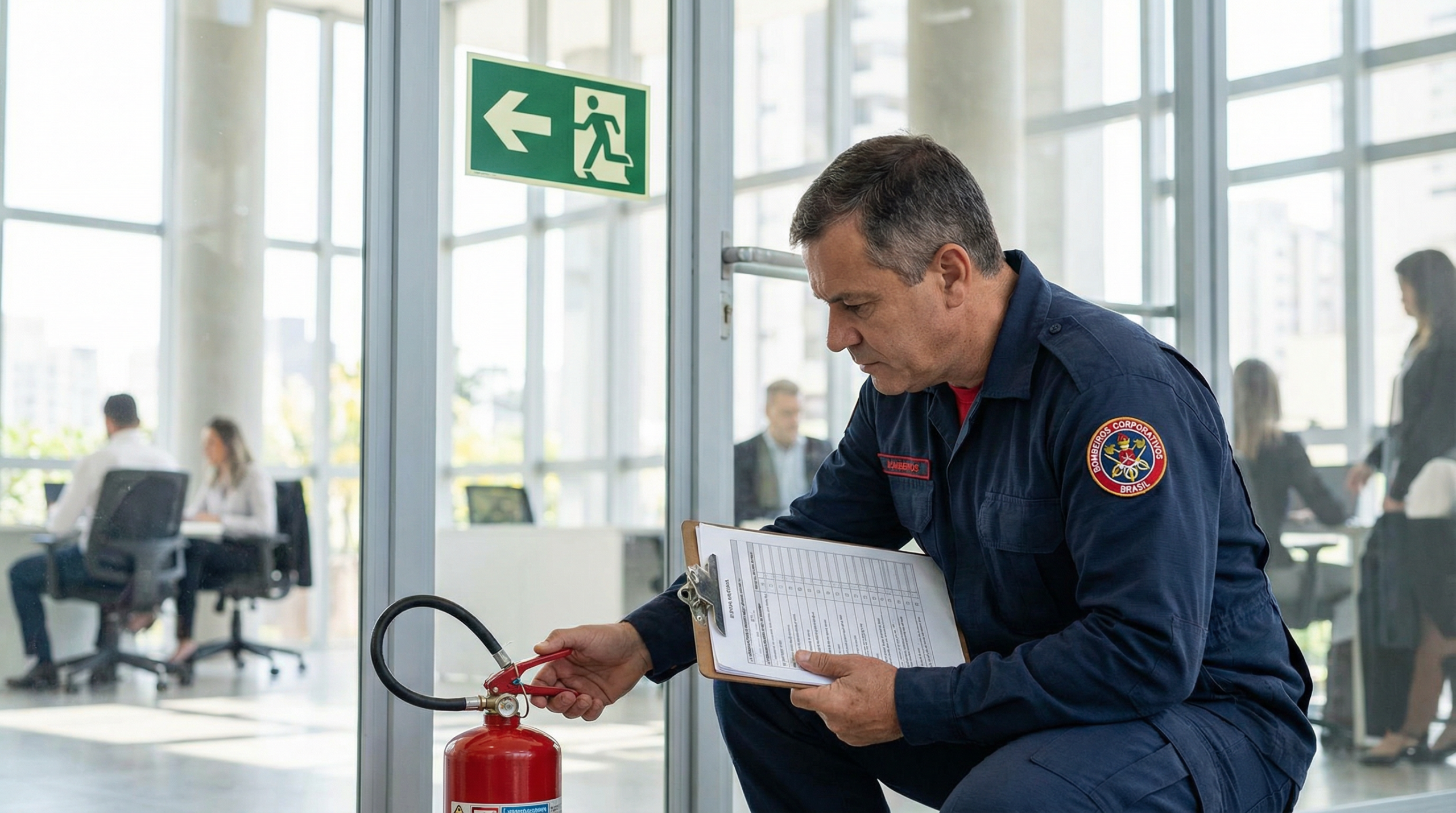 Inspetor verificando equipamentos de incêndio