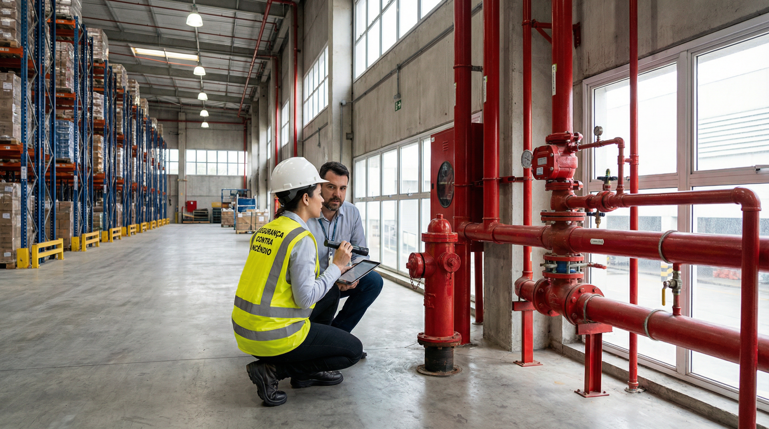 Engenheiros inspecionando sistema de hidrantes e sprinklers