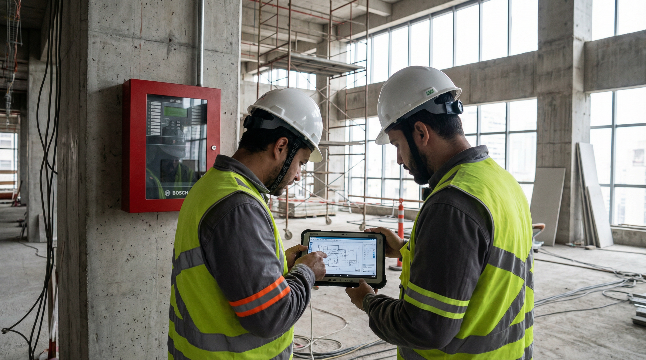 Engenheiros revisando projeto de incêndio