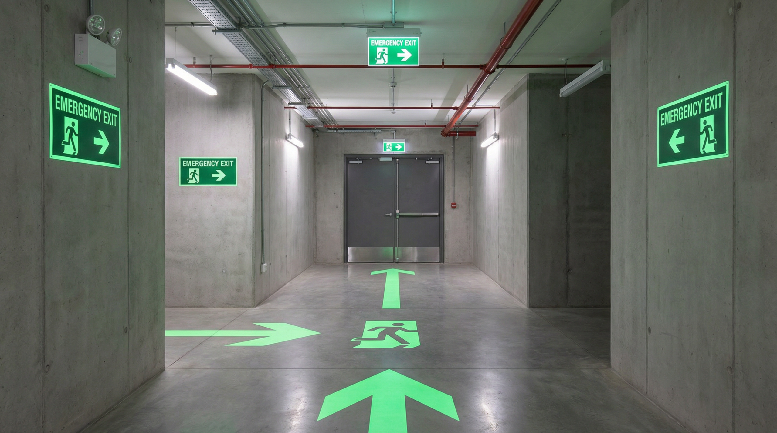 Corredor de saída de emergência com sinalização fotoluminescente verde