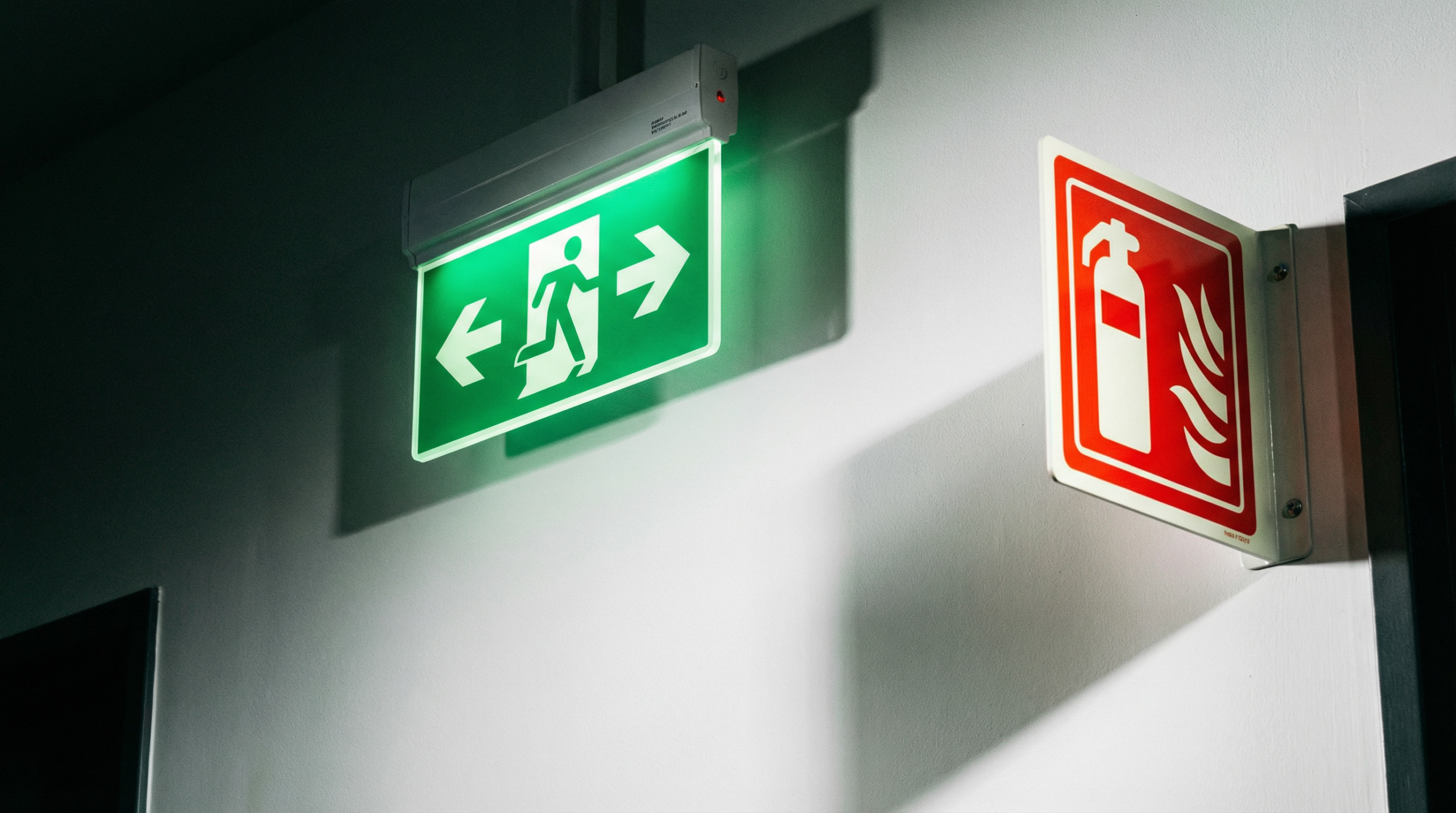 Sinalização de saída de emergência e extintor de incêndio em edifício