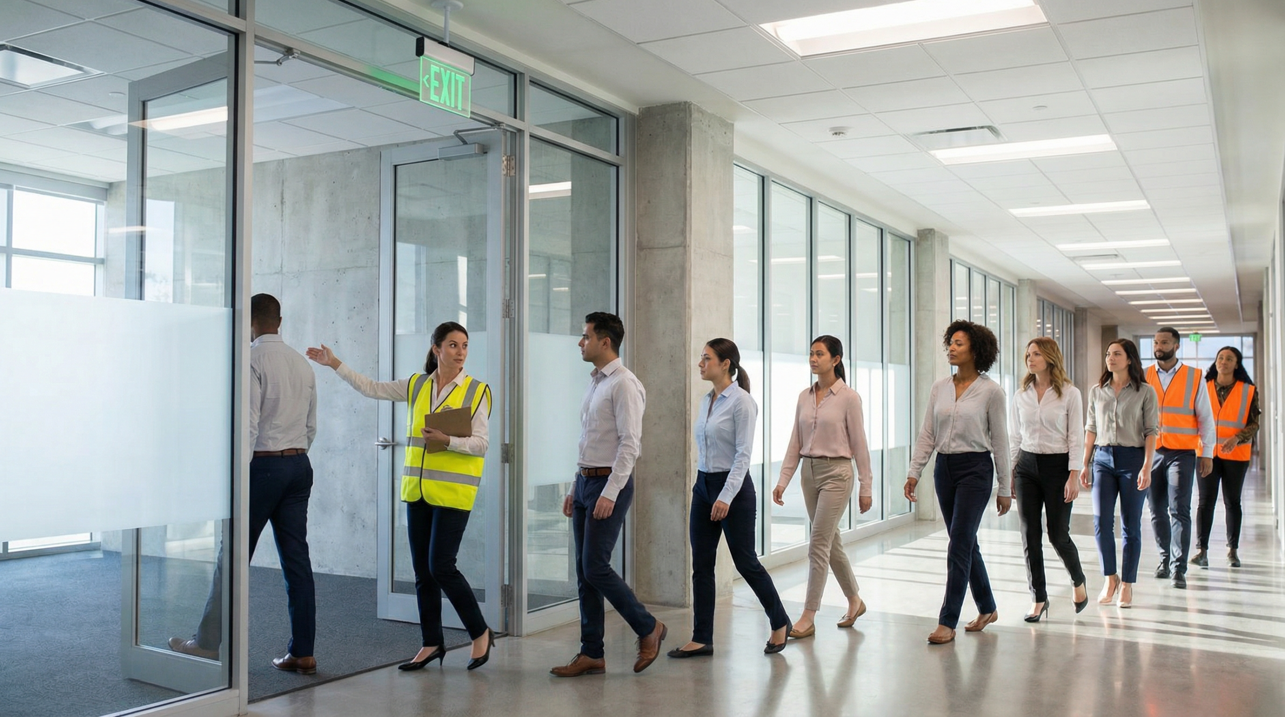 Simulado de evacuação de emergência em edifício comercial com funcionários