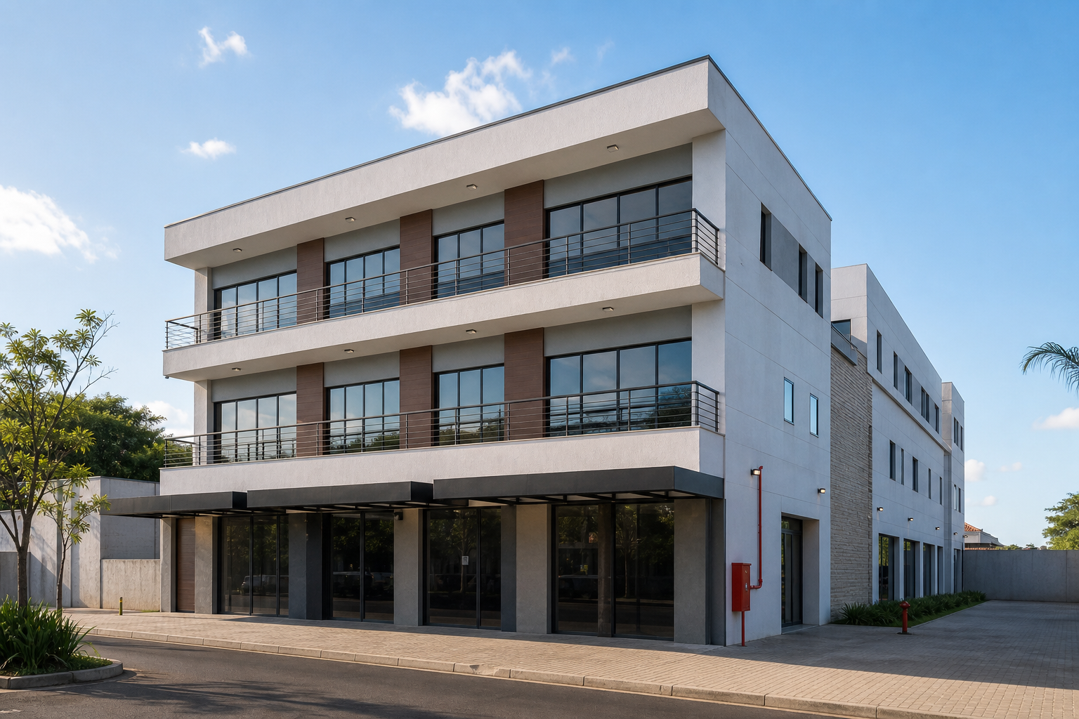 fachada de pequeno edifício comercial em Sorocaba com lojas no térreo e salas empresariais nos pavimentos superiores, em