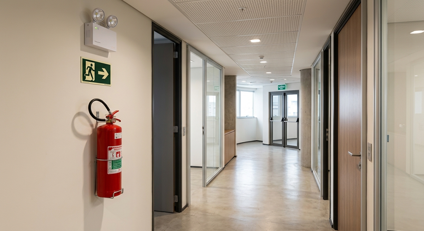 corredor interno de prédio comercial com sinalização de saída, iluminação de emergência e extintor instalado em suporte