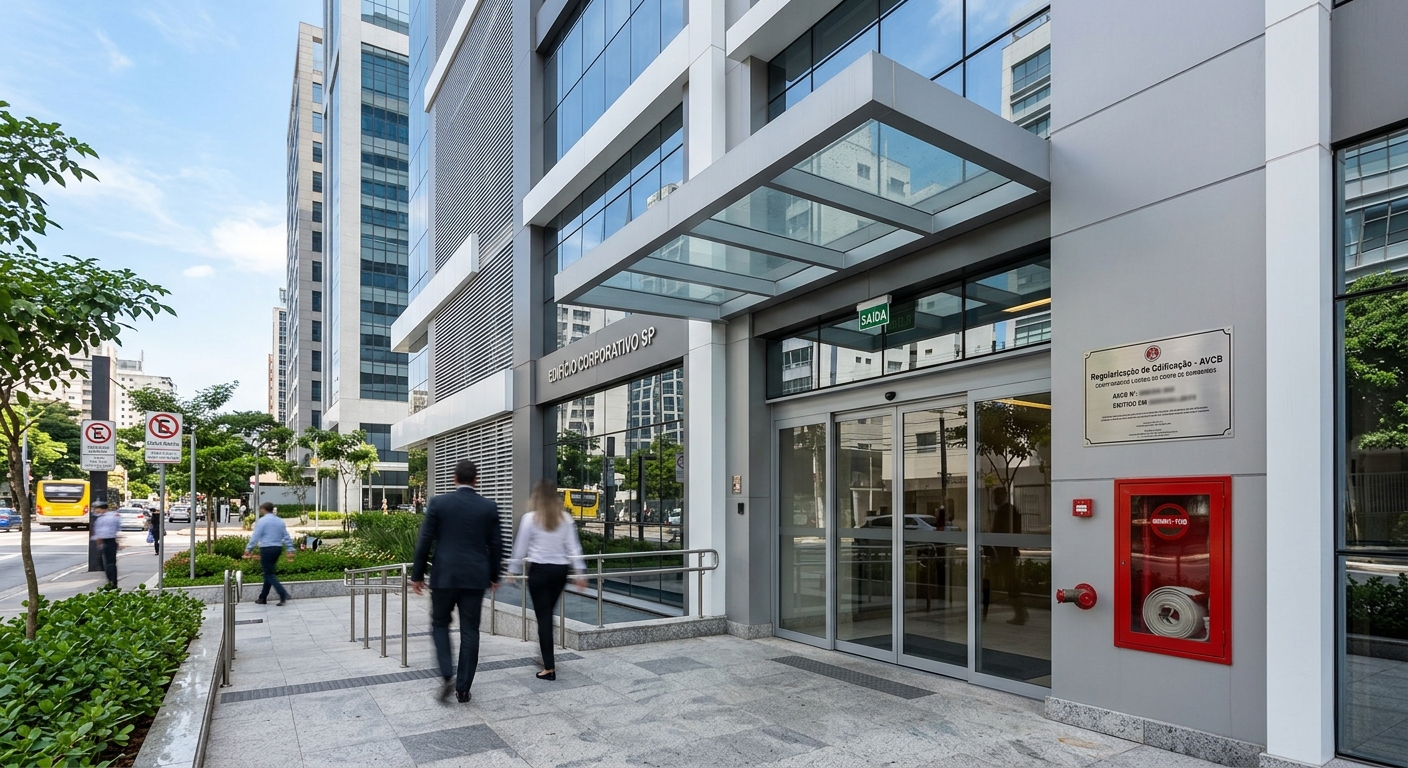 fachada de edifício comercial moderno em São Paulo com placa de regularização visível na entrada, movimento de pessoas a