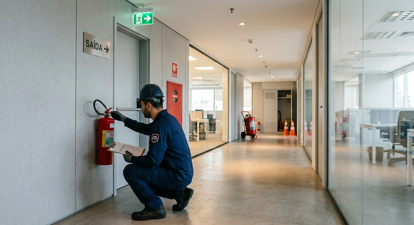 profissional técnico conferindo extintor e placa de rota de fuga em corredor de escritório comercial, com prancheta e eq