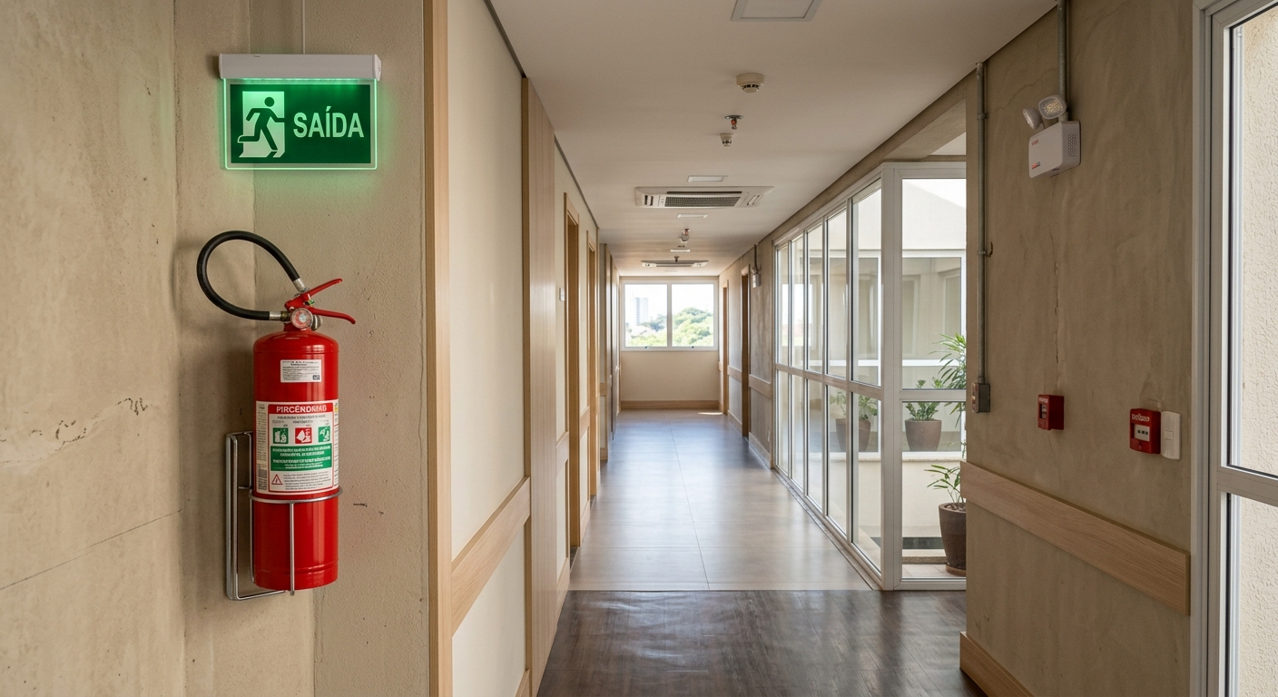 corredor interno de edifício comercial com sinalização de saída de emergência iluminada e extintor fixado à parede, sem 